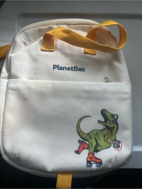 PlanetBox Kids Cream Canvas Dino Backpack with Yellow Straps Lunch Tote